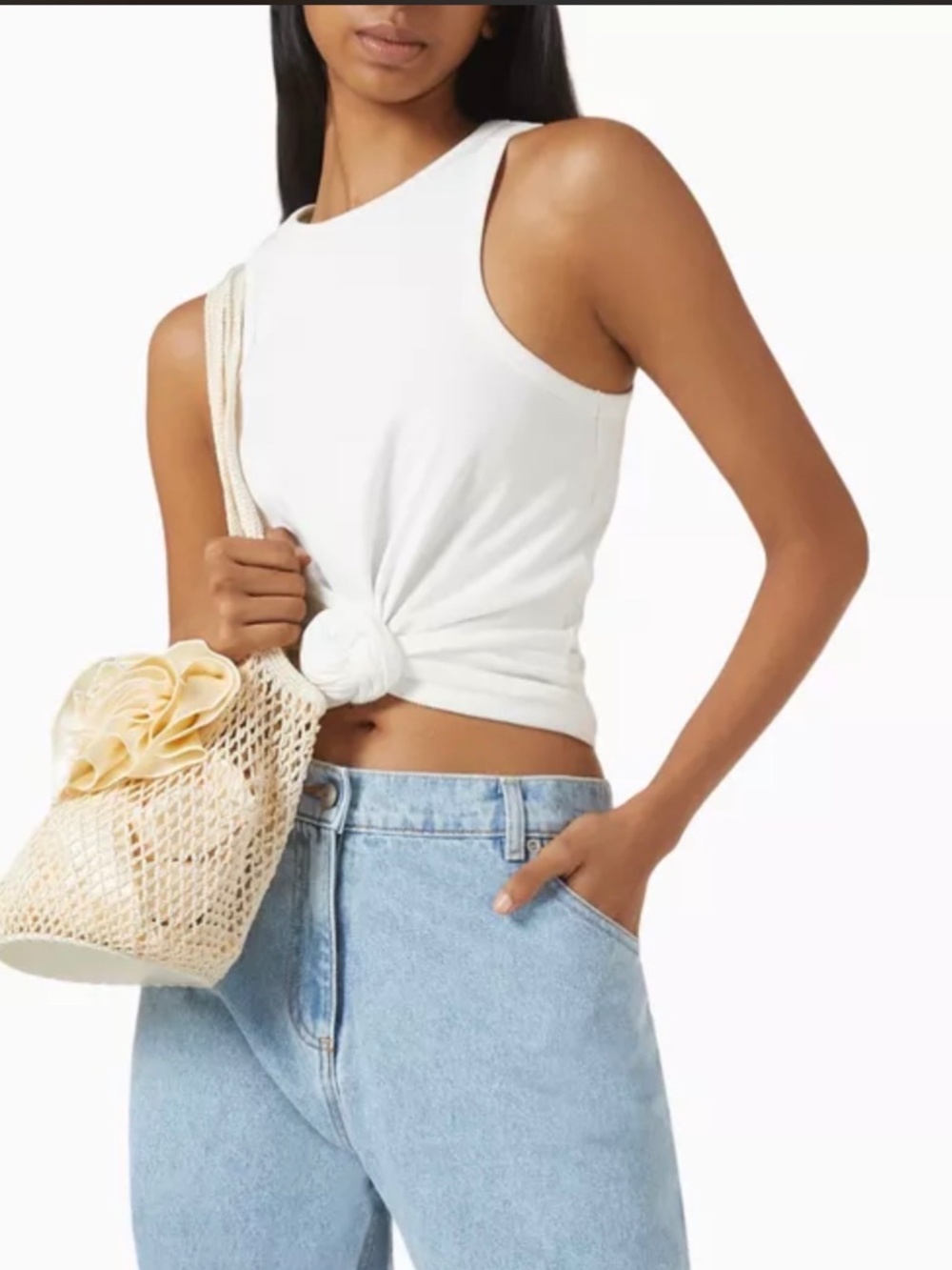100% Cotton Ribbed Front Knot Cropped Tank Top White